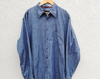 Marlboro Western Denim Shirt Buttons Large L Worn in Distressed