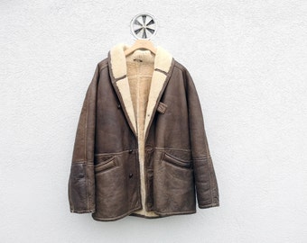 Brown Shearling Coat size 52/Large -  Vintage 80s Sheepskin Coat -  Real Leather Men's  Winter Coat - Lambsfur Overcoat