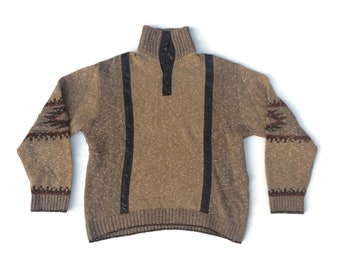 Vintage 80s  Brown Wool Jumper  with leather trimming - Abstract Print Knit Sweater  size Medium