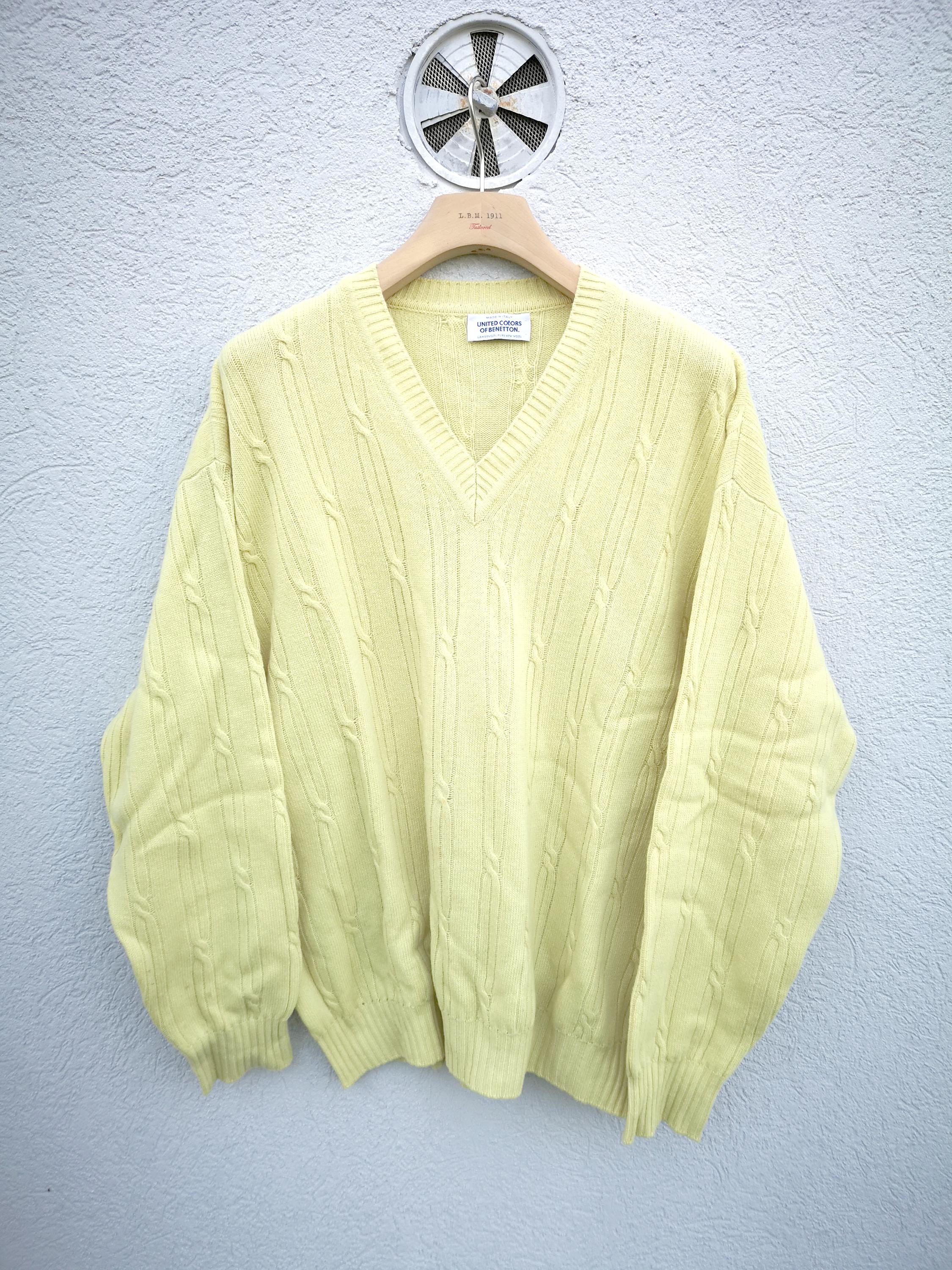 Vintage 1990s Lambswool Sweater United Colors of Benetton Yellow Cable Knit Jumper V neck Pullover Men s Size Large Etsy UK