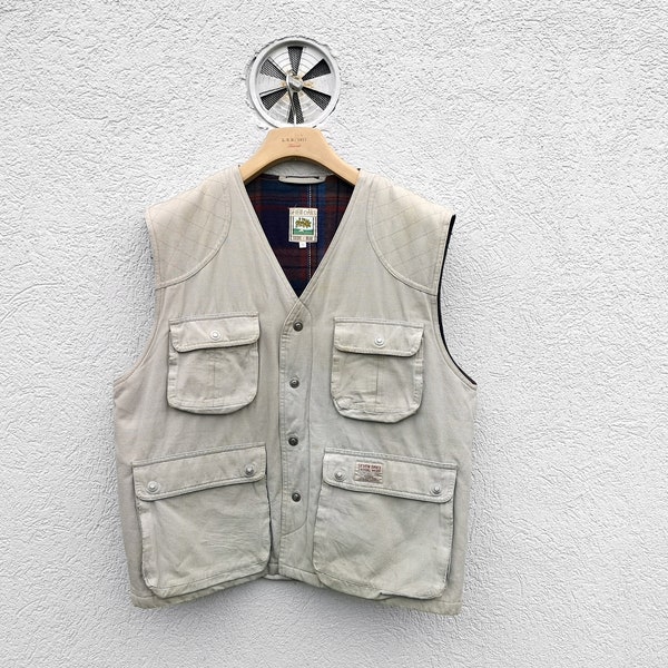 Vintage 80s Men's  Fisherman Vest  - Beige Ecru Sleeveless Utility Gilet