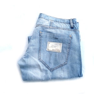 Retro Y2K Men&#39;s Hip Hop  Ripped Pale Blue Jeans - Distressed Denim Trousers, Loose Fit, Straight leg  Size IT 50 (W36 L34)