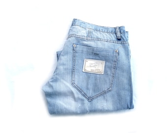 Jeans vintage a gamba larga strappati Y2K — Denim hip hop blu pallido strappato, W36 L34