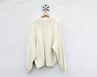 White Wool Chunky Knit Aran Style  Sweater: Men Knitwear XXL