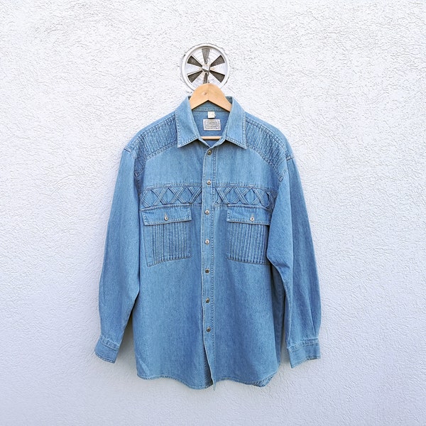 Vintage 80s Western-style  denim shirt for men  | Rugged cowboy workwear Jeans Shirt for Hipsters