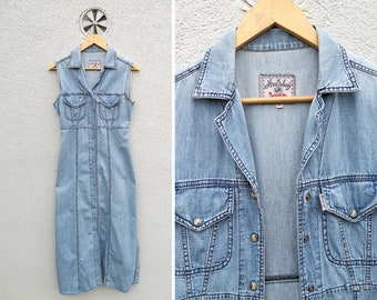 Vintage 90s Distressed Denim Snap Button Maxi Shirtdress | Women's Sleeveless Long Dress Size Medium | Preppy Chic Style