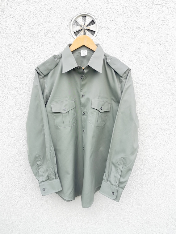Military Green Vintage 80s Workwear Uniform Shirt… - image 2