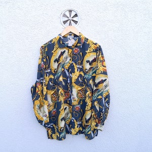 Vintage 90&#39;s Pop Art Pattern Button-Up Blouse - Women&#39;s size Medium I Baroque Print  Shirt