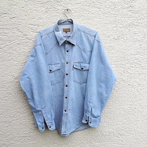 Vintage Blue Denim Shirt Mens Extra Large: Distressed, Western Jeans