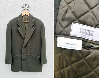 Rare  Vintage 70s LEBOLE Olive Green Wool Coat-  Mens size Large  - Double Breasted  Mid Length Overcoat  Made in Italy