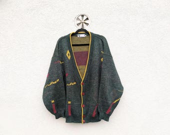 80s Gio Ferrari Green Cardigan — Abstract Geometric Pattern Italian Knit, 54/XL