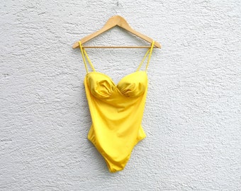 Vintage 80s Yellow Trimmed One Piece Swimsuit |  Women&#39;s Summer Bathing Suit for Swimming