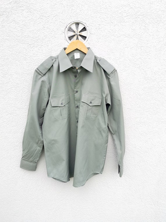 Military Green Vintage 80s Workwear Uniform Shirt… - image 3