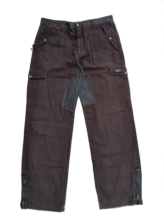 90s Roberto Cavalli Black Faded Cargo Pants With Leather Trim Size