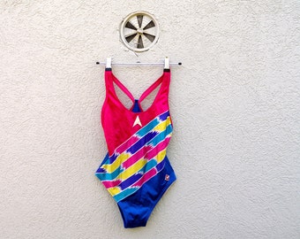 Vntg 90s One Piece  Swimsuitsuit ,Colour Block Print,   Retro Bathing Suit  Small