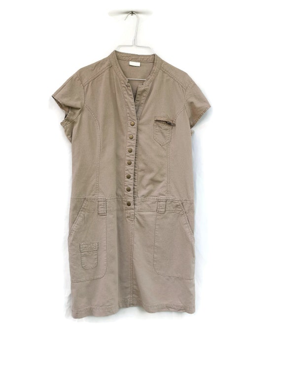 1990s Beige Linen Workwear Dress Utility Midi Shift size Small