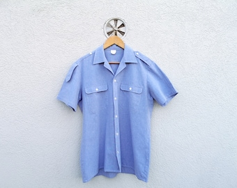 Vintage French Workwear Shirt — Blue Cotton Chore Uniform, Short Sleeve, Unisex Size M/L
