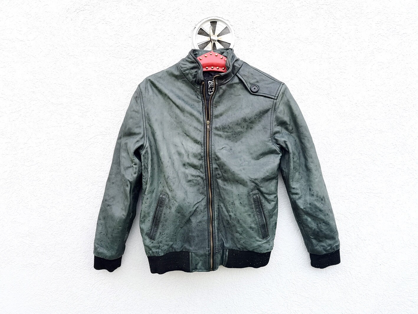 Vintage 80s  Distressed Leather Jacket, Blue, Gray, Flight Aviator  Bomber , Verra pelle