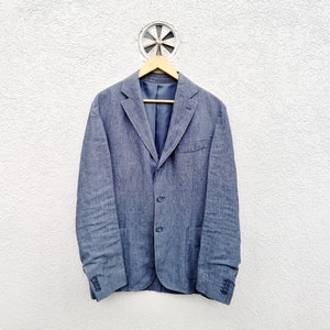 Blue Linen Men&#39;s Blazer - Doppelganger Preppy Modern Flax Jacket, Size 54