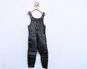 Vintage 80s Black Leather Motorcycle Dungarees  Unisex  Biker Jumpsuit