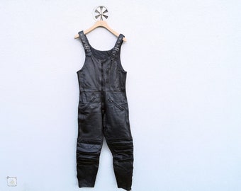 Vintage 80s Black Leather Motorcycle Dungarees - Size 50 - Unisex Vera Pelle Biker Jumpsuit