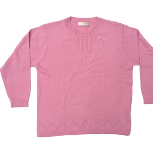 Soft Pink Knit Sweater , Floral Embroidery  - Vintage 80s Grandma Pullover – Women’s Extra Large