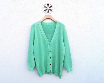 Vintage 90s Mint Green Knit Cardigan with Gold Buttons ,Cottagecore