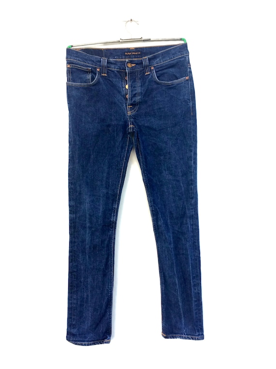 Męskie jeansy Y2K Nudie Grim Tim Skinny: ciemnoniebieski denim z 