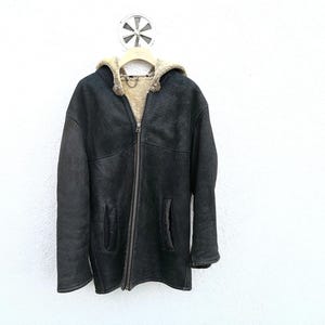 Vintage Black Shearling Coat Men – Real Leather Lambskin Overcoat – Winter Warm Jacket – 70s Style