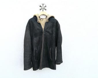 Cappotto vintage in montone nero - Giacca con cappuccio in pelle di agnello da uomo, taglia grande, moderna
