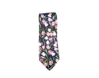 1980s Floral Silk Tie  with Tulip Flower Print -   Stylish Men’s Vintage Cravat for Men