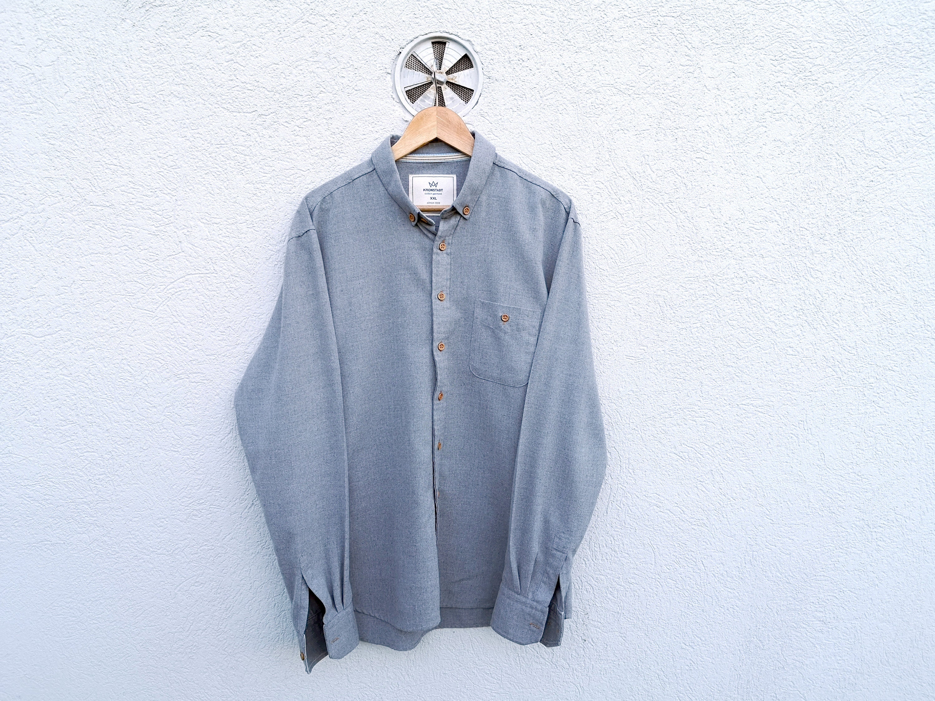 Vintage KRONSTADT grijs shirt herenmaat XXL, lange mouw button-down zachte katoenmix