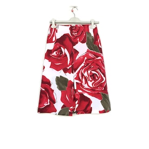 Floral Vintage Midi Cotton Skirt |  A-line with Red Roses Print | Women&#39;s  Size Large
