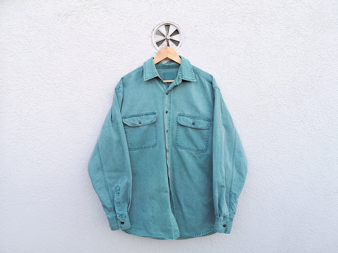 Mens Green Denim Shirt Vintage Workwear Long Sleeve Jeans Etsy