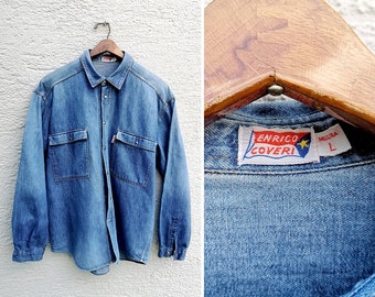 Vintage 80er Jahre Robustes Jeanshemd für Herren ENRICO COVERI | Langarm Relaxed Fit Western Jeans Shirt groß