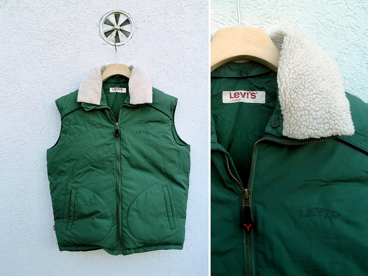 Vintage Levi's Green Vest Sleeveless Down Jacket Mens Gilet with Shearling Collar | Size Large
