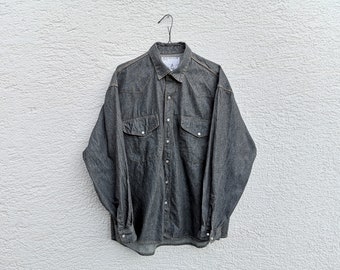 Charcoal Black Denim Shirt  Mens Snap Button Long Sleeve  Vintage Jeans Shirt XL Extra Large