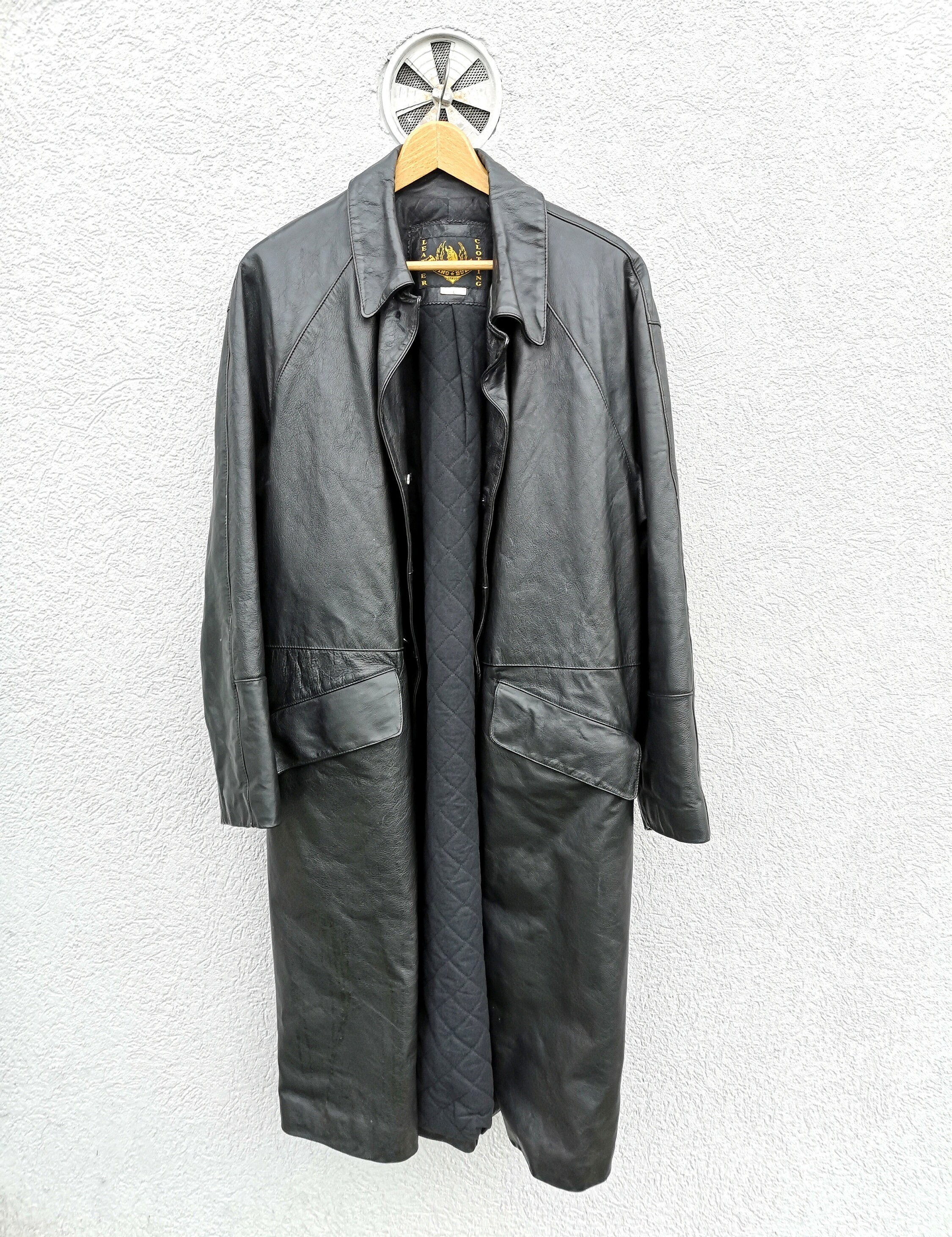 80s Italian Black Heavyweight Leather Coat Cyber Goth Men's Large