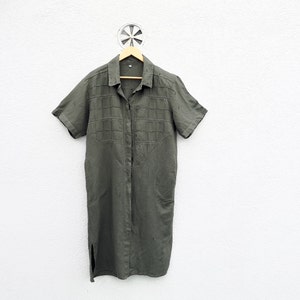 Olive Green  Linen Cotton Dress size Medium - Women&#39;s  Long Maxi  Short Sleeve  Vintage Dress