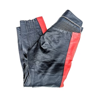 Vintage 90s Leather Biker Pants – Navy & Red Motorcycle Trousers – Unisex Fit