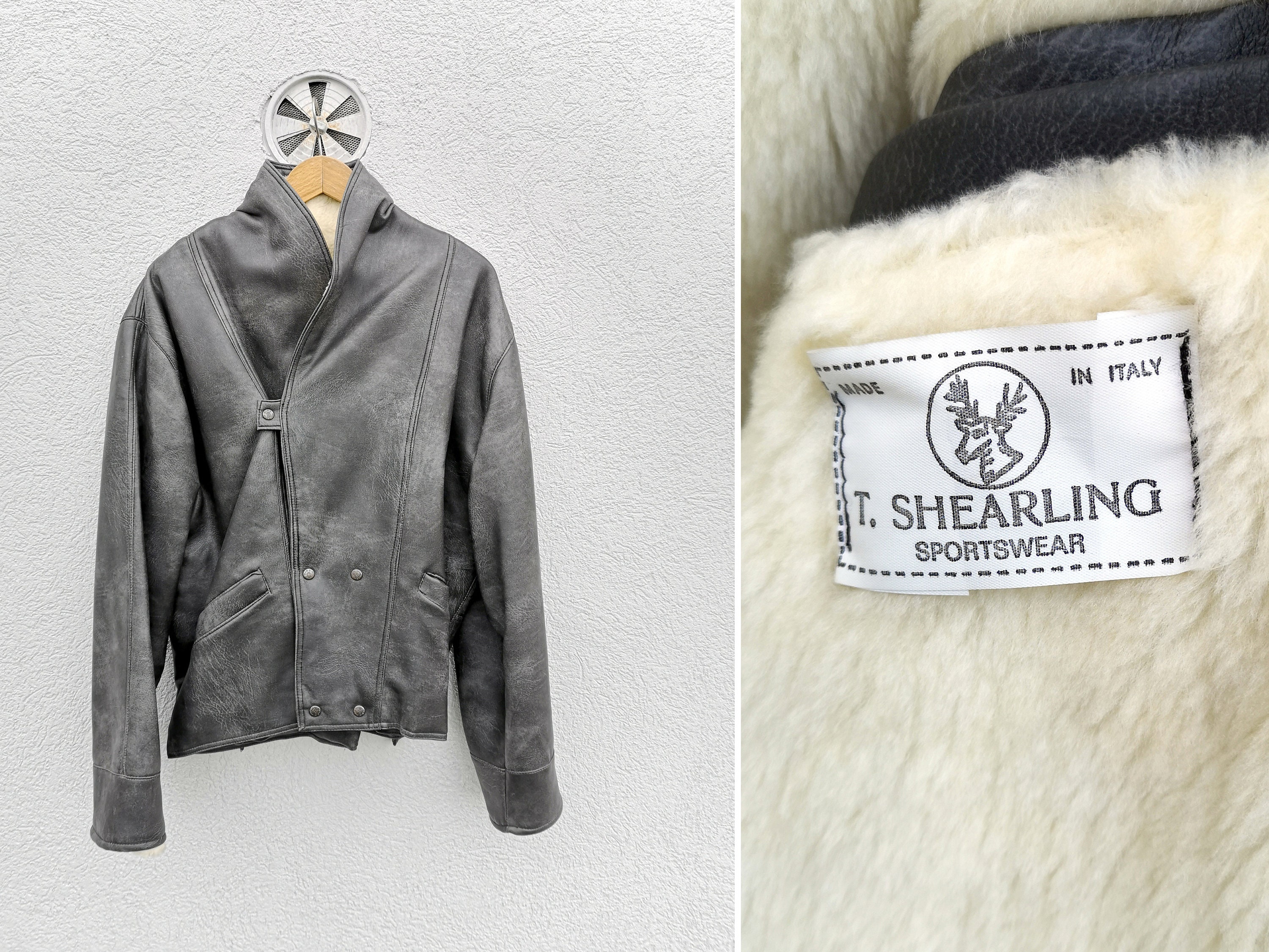 Grey Leather Shearling Jacket Men s Size Large Vintage 80s Luxury