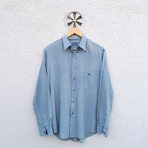 Men&#39;s Vintage 70s Shirt in Grey Blue, Long Sleeve, Button-Down  Regular Fit, size Medium/Large