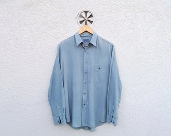 Camisa vintage de hombre de los años 70, gris azulada, con botones (M/L)