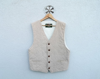 Vintage 80s Beige Quilted Corduroy Bomber Vest |  Sleeveless Cord Gilet
