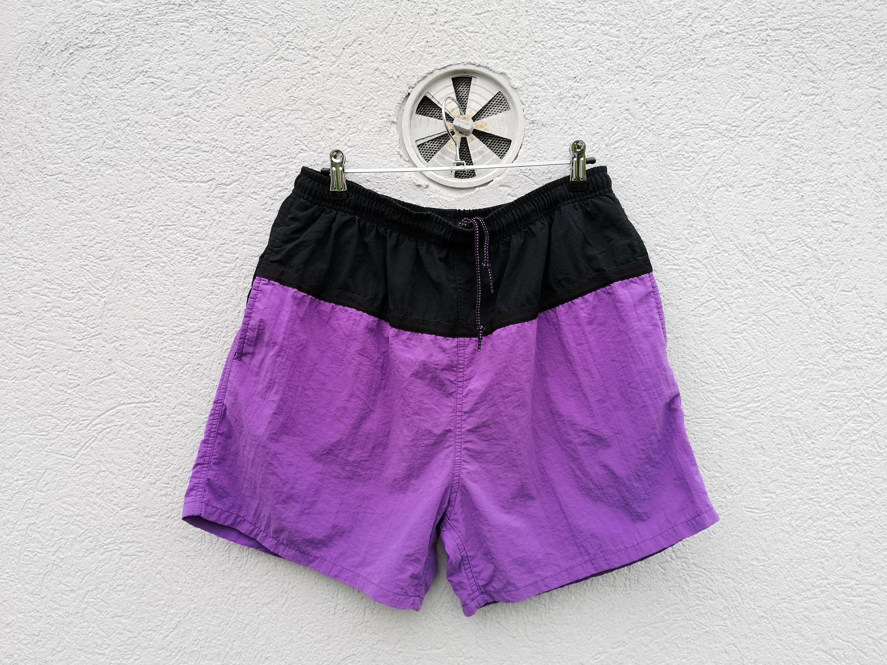 1990s Techno Party Shell Shorts - Purple Black Swim Trunks Medium