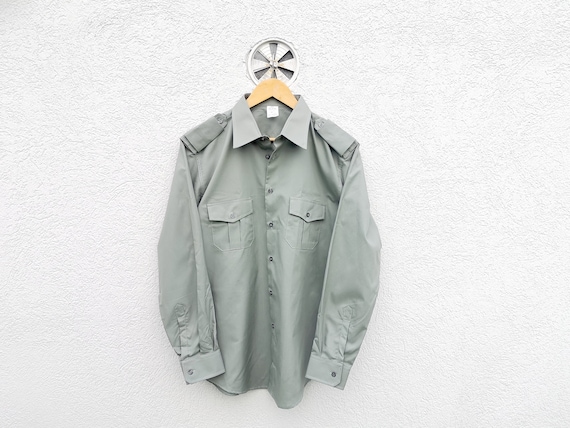 Military Green Vintage 80s Workwear Uniform Shirt… - image 1