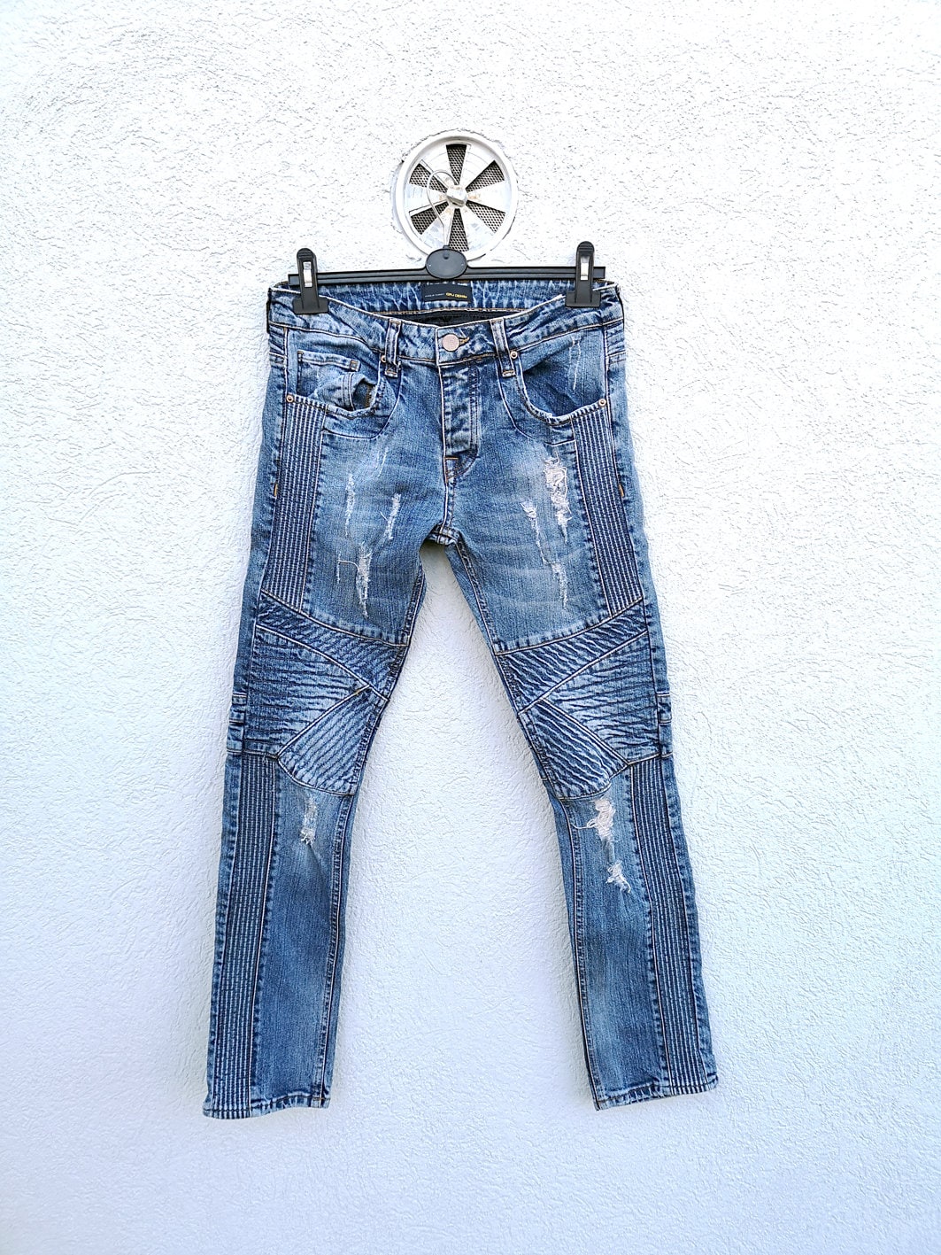 Y2k Cyberpunk Style Mens Distressed Ripped Jeans Slim Fit Blue CYBERPUNK solid denim y2k diesel acne