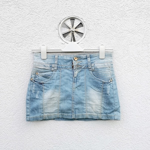 Distressed Blue Denim Mini Skirt with Pockets | Women&#39;s Y2k Festival Clothing