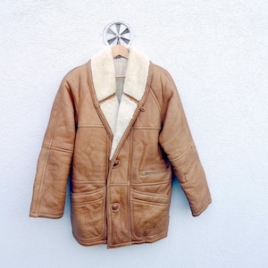 Vintage 1980s   Leather Shearling Coat - Cognac Brown-Tan color Men's Sheepskin Jacket made in Italy