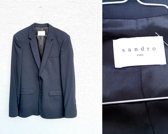 Sandro Paris Super 100s Wool Blazer  Men's size 48 | Two-Button Single-breasted   Suit Jacket in  Navy Blue